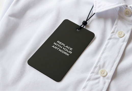 Rectangular clothing tag mockup attached to a white button-up shirt collar, realistic garment presentation for branding, graphic design, Template, or product labeling on clean studio background