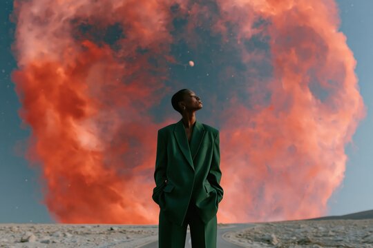 Surreal fashion portrait man green suit with red nebula explosion backdrop for dramatic banner and editorial design