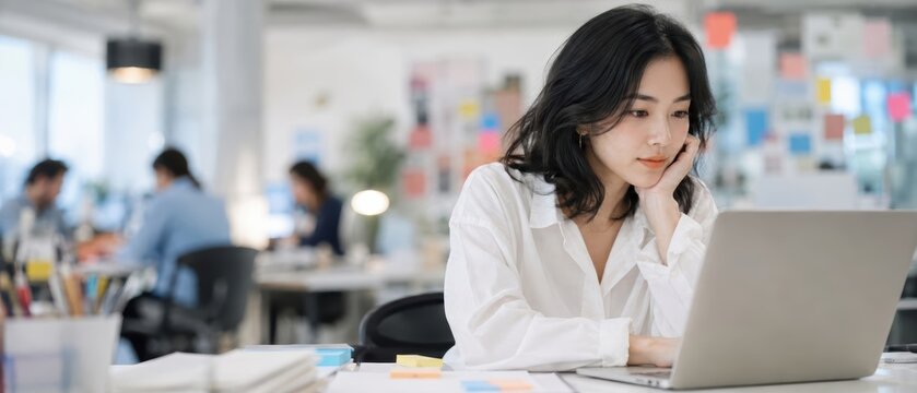 young Asian woman in white shirt working on a laptop at her desk in a bright open office, resting her face on one hand while focused on the screen with blurred coworkers in the background
