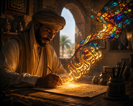 Arabic Calligraphy Transforming Into Glowing Stained Glass Script