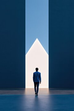 Man walking toward a bright house doorway opening in a minimalist interior for wallpaper and poster design