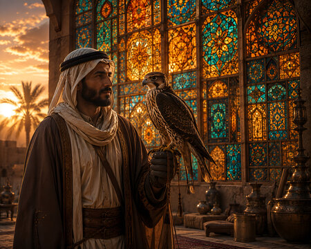 Falconer In Traditional Attire Before Glowing Stained Glass Wall