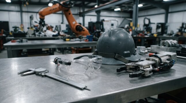 Industrial smart glasses with hard hat, calipers, robotic gripper, and transparent ar frames on a metal work surface