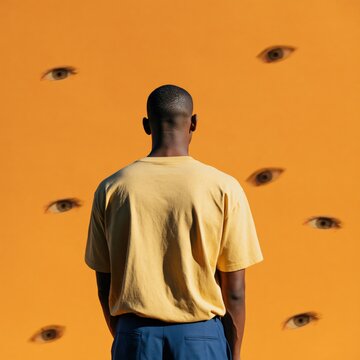 Conceptual surreal portrait of a person facing orange wall with floating eyes for background and poster design