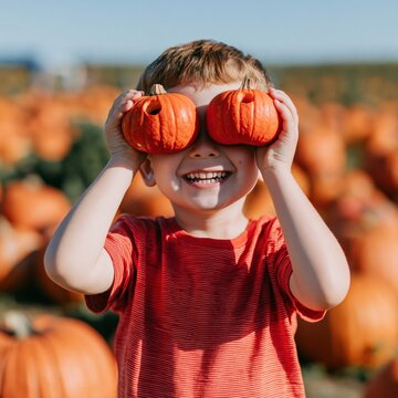 Happy child playfully holding two mini pumpkins over eyes in a pumpkin patch autumn scene for halloween banner and fall poster background