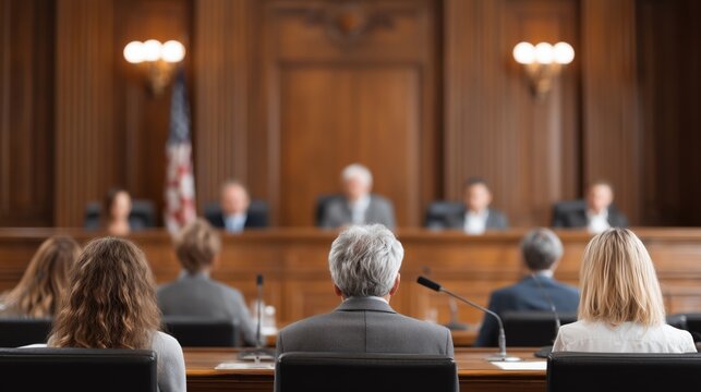Courtroom hearing with judges and attendees facing the bench, legal proceedings, justice system, law, public trial, judicial process.