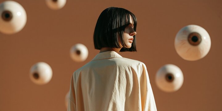Short bob haircut model facing away amid large floating eyeballs on warm background for surreal poster and fashion campaign design
