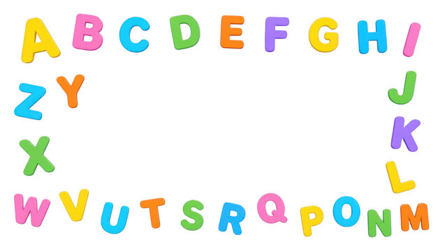 Colorful plastic letters arranged as a rectangular frame against a clean white background with rectangular border around