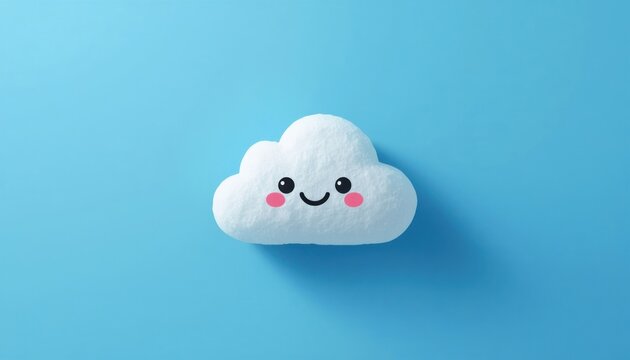 Cute smiling cloud character floating against a solid sky blue background minimalist design aesthetic