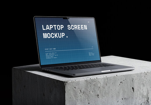 Laptop Display Mockup, Device on Concrete Monolith Surface, Dark Digital Branding Scene