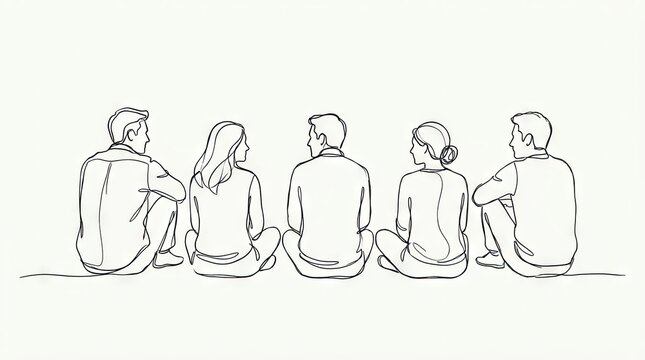 Continuous line drawing of group of people sitting.