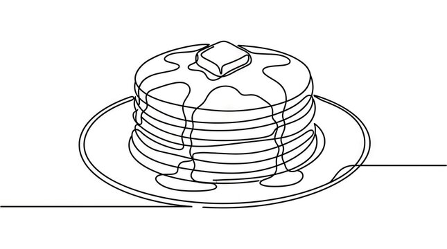 Continuous line drawing stack of pancakes with syrup.