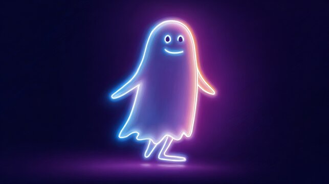 Glowing neon ghost character design featuring vibrant blue and pink radiant light against a dark textured background for halloween graphics
