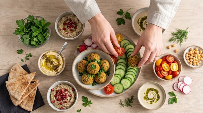 Hands placing a cherry tomato onto a mezze platter with falafel cucumbers hummus and pita bread