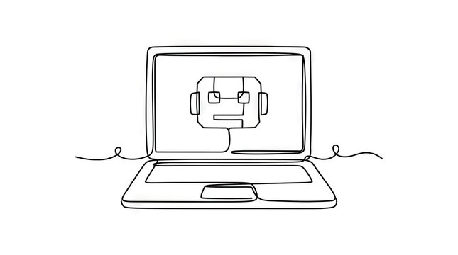 One line drawing of laptop with chatbot icon on screen