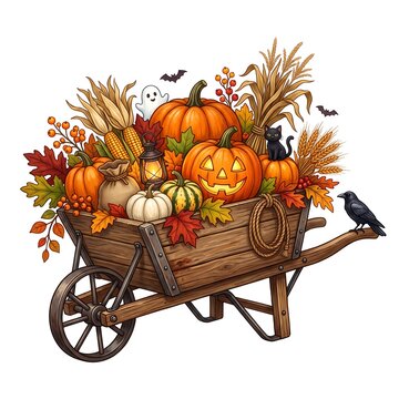 Hand-drawn autumn harvest wagon overflowing with pumpkins, gourds, and fall foliage for seasonal decor