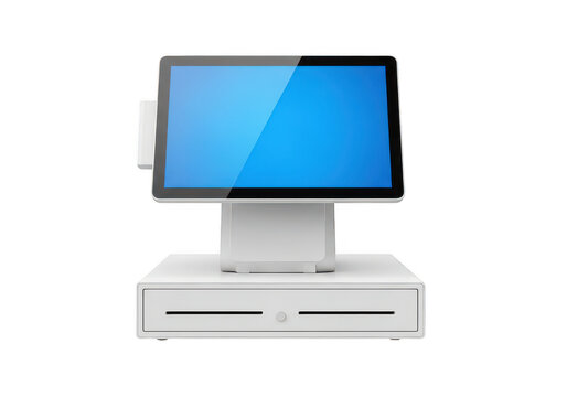 Modern white pos cash register terminal with touchscreen isolated on transparent background