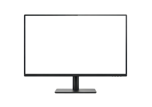 Modern black computer monitor with a blank glowing screen isolated on transparent background