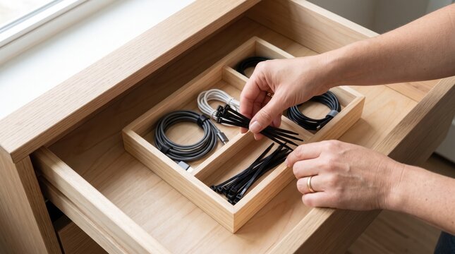 Hands selecting black zip ties from a wooden desk organizer tray containing neatly coiled charging cables