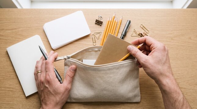 Hands slipping a small brown kraft notebook into a canvas zipper pouch filled with pens and pencils