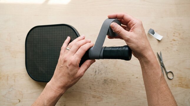 Hands wrapping gray grip tape around the handle of a black pickleball paddle on a wooden surface