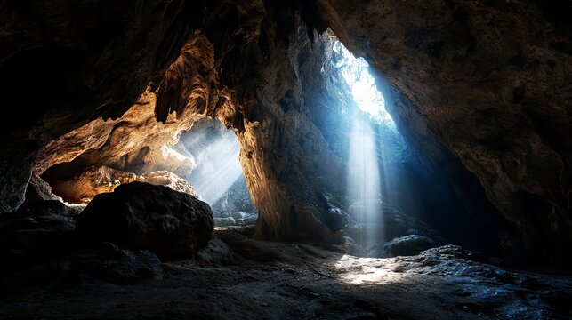 Massive limestone cave interior features ethereal light beams shining through an opening creating dramatic shadows on the rugged dark ground