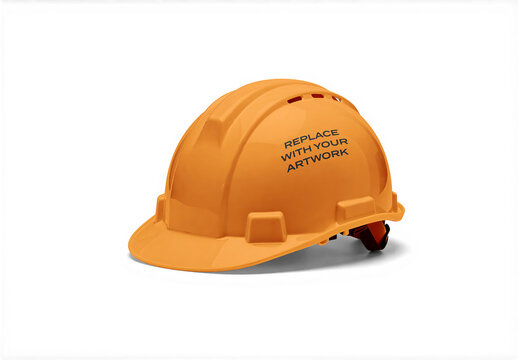 Construction hard hat mockup on white background with placeholder text for branding, realistic product visualization graphic design and artwork placement, safety equipment display