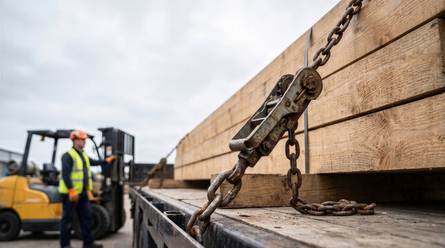 Closeup of a metal chain binder securing a load of lumber on a flatbed trailer with a forklift operator in the background