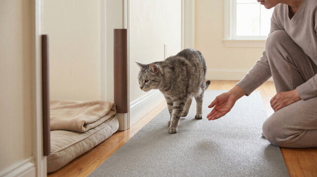 Senior Cat Walking on Non-Slip Runner Toward a Rest Spot at Home