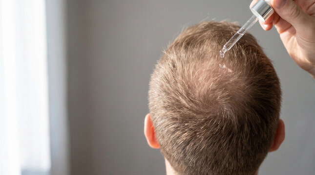 Closeup of a man applying hair growth serum or oil to his thinning scalp with a dropper for hair loss treatment