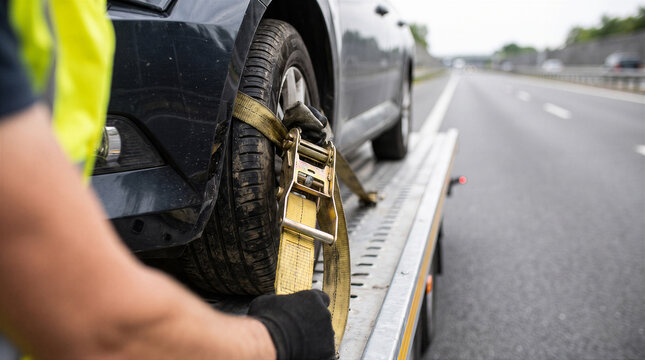 Roadside assistance worker securing a car tire with a yellow ratchet strap onto a flatbed tow truck on a highway