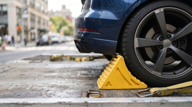 Closeup of a car tire secured with a yellow wheel chock on the flatbed of a tow truck on a city street
