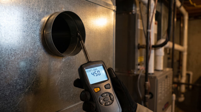 Hvac technician using an anemometer to measure airflow from a metal duct in a residential basement furnace system