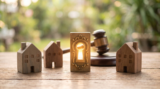 Wooden house models and a judge gavel with a keyhole symbol on a wooden table, representing real estate law and property rights