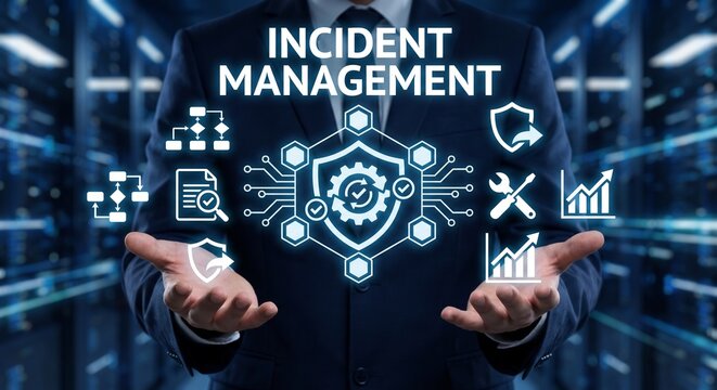 IT professional demonstrating incident management concept with glowing virtual icons, cybersecurity shield, data server background, and copy space.