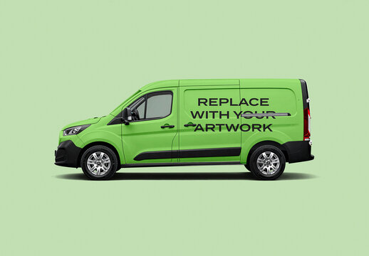 Commercial van side profile mockup with text placeholder for vehicle branding, isolated on light background, wrap template graphic design and advertising presentation