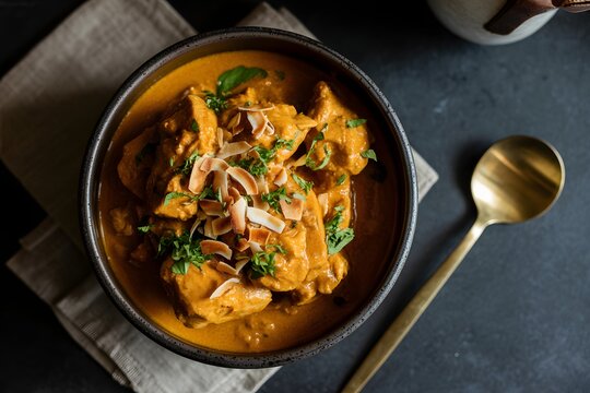 Traditional indian curry dish served in ceramic bowl with spoon on dark surface