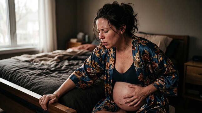A pregnant woman sitting on the edge of her bed experiencing intense labor pains and contractions at home