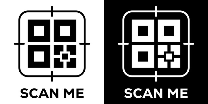 Target viewfinder style QR code icon set with scan me typography, clean modern vector design suitable for camera reader apps and digital authentication.