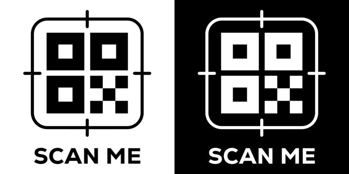 Target viewfinder style QR code icon set with scan me typography, clean modern vector design suitable for camera reader apps and digital authentication.