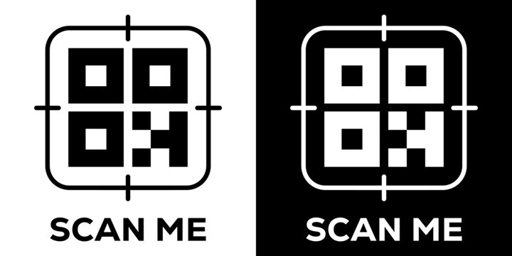 Target viewfinder style QR code icon set with scan me typography, clean modern vector design suitable for camera reader apps and digital authentication.
