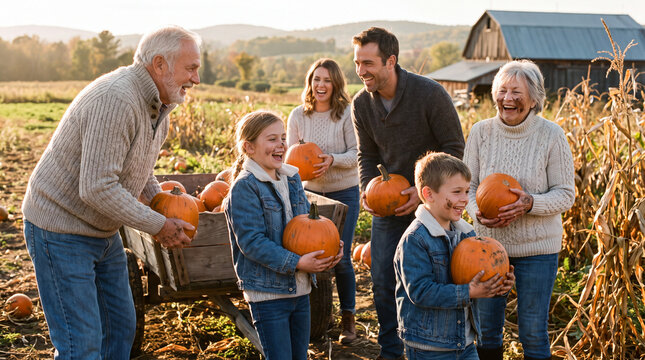 Multigenerational Family Carrying Pumpkins at a Farm During Autumn