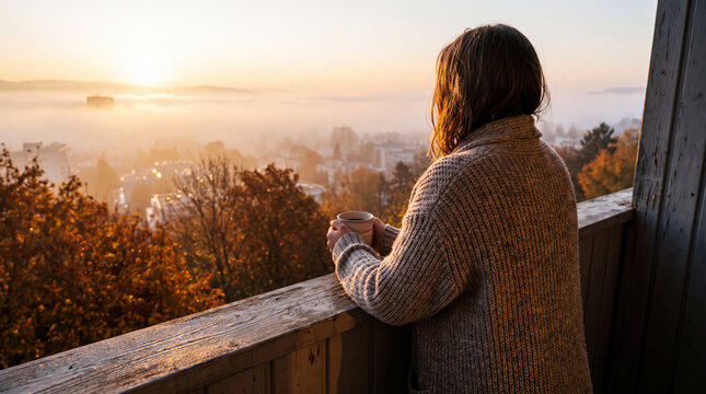 Woman holding coffee mug looking at sunrise over foggy town