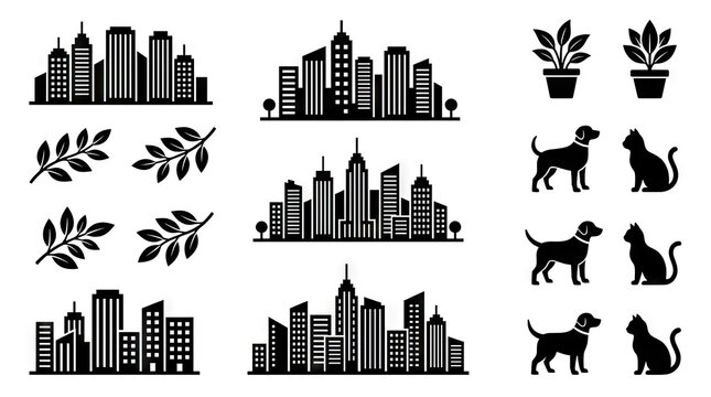 City skylines, plants, and pet icons.