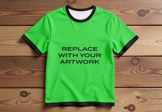 Short sleeve t-shirt mockup with black trim laid flat on a wooden surface, realistic clothing presentation for graphic design and branding, template print apparel display