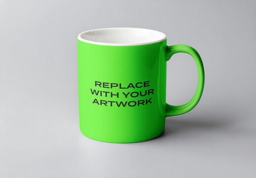 Ceramic mug mockup with white interior and handle, displayed on a neutral surface, realistic product presentation for branding, graphic design, print applications, template