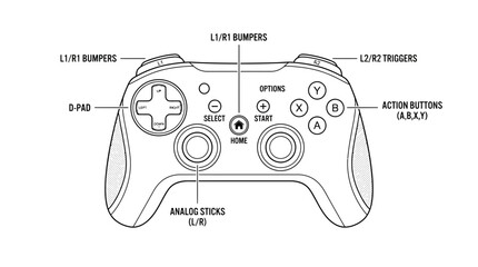 Game controller diagram displays technical labels for buttons, analog sticks, and triggers to provide a clear instructional guide for video game hardware operation and interactive entertainment. © Dwi