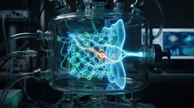 AI atomistic simulation with crystal lattice atoms, diffusion trails, reaction vessel, and energy barrier for solid state materials research.
