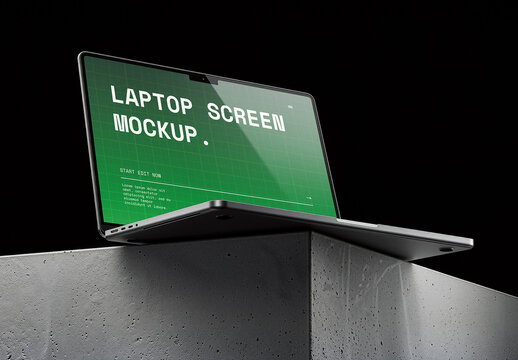 Computer Display Mockupon Concrete Pedestal, Low Angle Laptop Screen Presentation