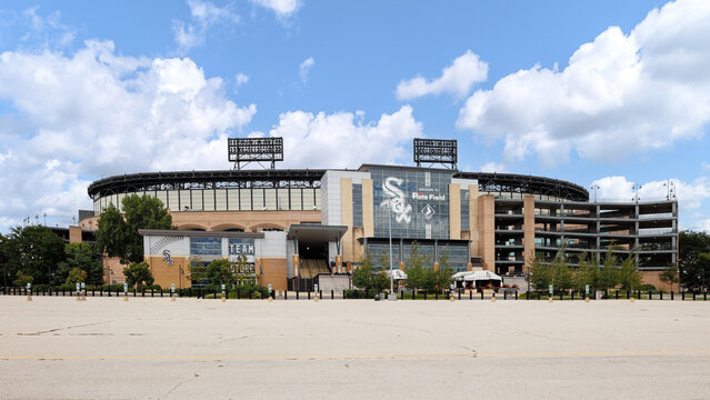 Chicago, IL, USA - August 14, 2026: The exterior of MLB's Chicago White Sox's Rate Field. The baseball stadium has had many name changes over the years but is best known for Comisky.